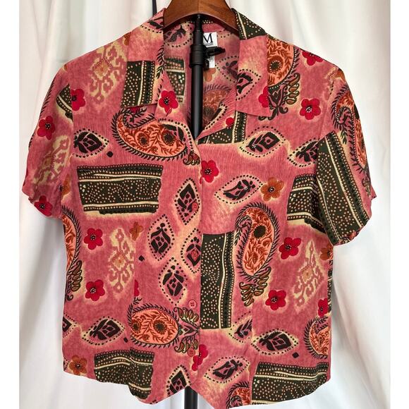 JM Collection Tops - Vintage 90s Patchwork Rayon Camp Collar Blouse Boho Grandmacore Petite S